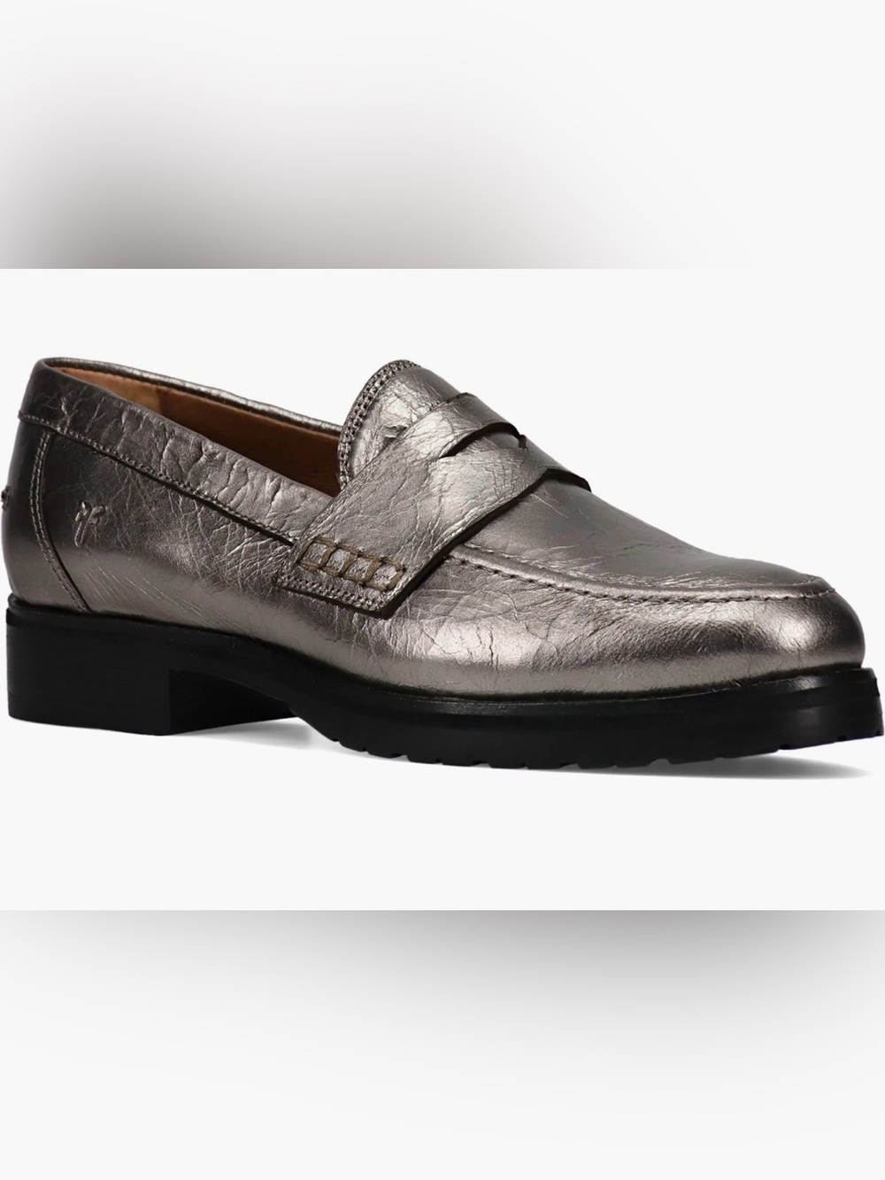 Frye Ivy Penny Loafers Metallic Pewter Leather Lug Sole Shoes 7.5B